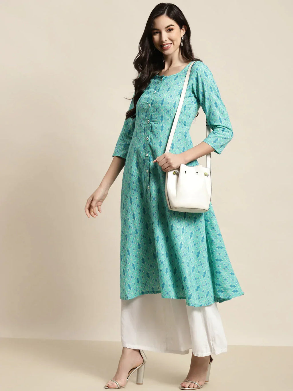 Jompers Women's Printed Anarkali Kurta - Pista | Grocsy