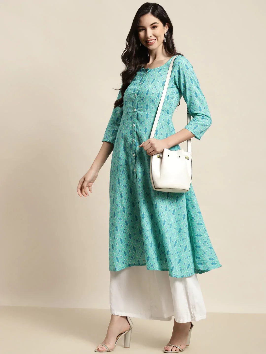 Jompers Women's Printed Anarkali Kurta - Pista | Grocsy