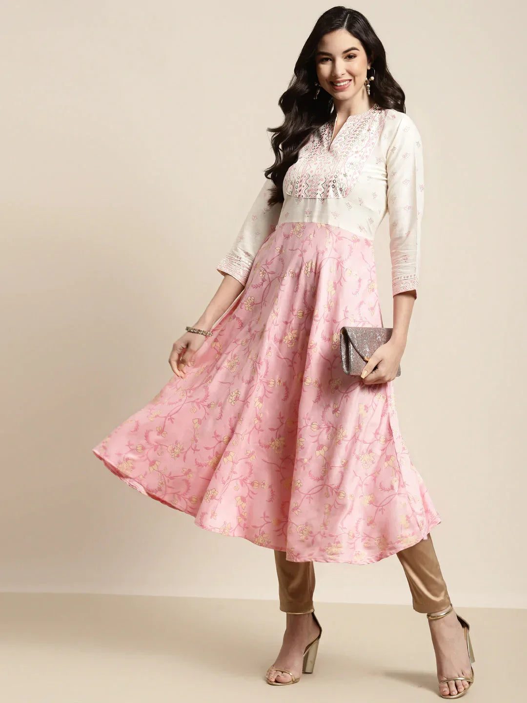 Jompers Women's Yok-Design Faired Kurta - Pink | Grocsy