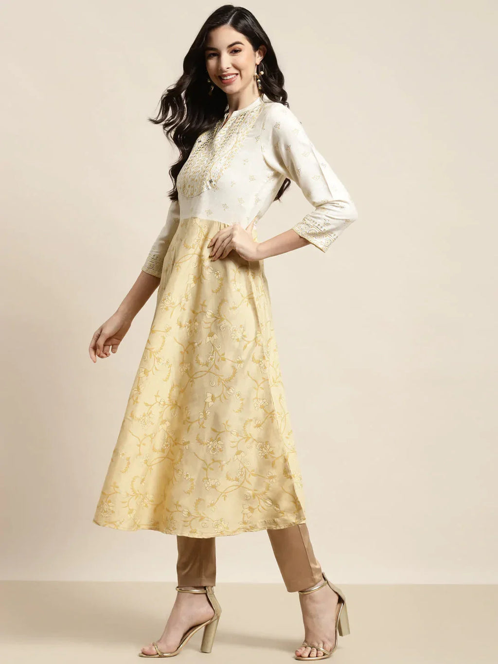 Jompers Women's Yok-Design Faired Kurta - Yellow | Grocsy