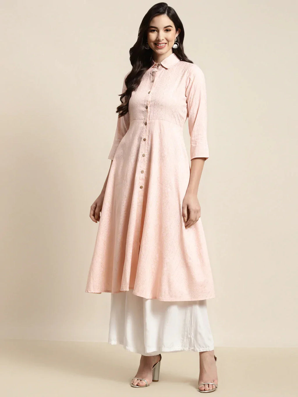 Jompers Women's Shirt Collar flared Kurta - Orange | Grocsy