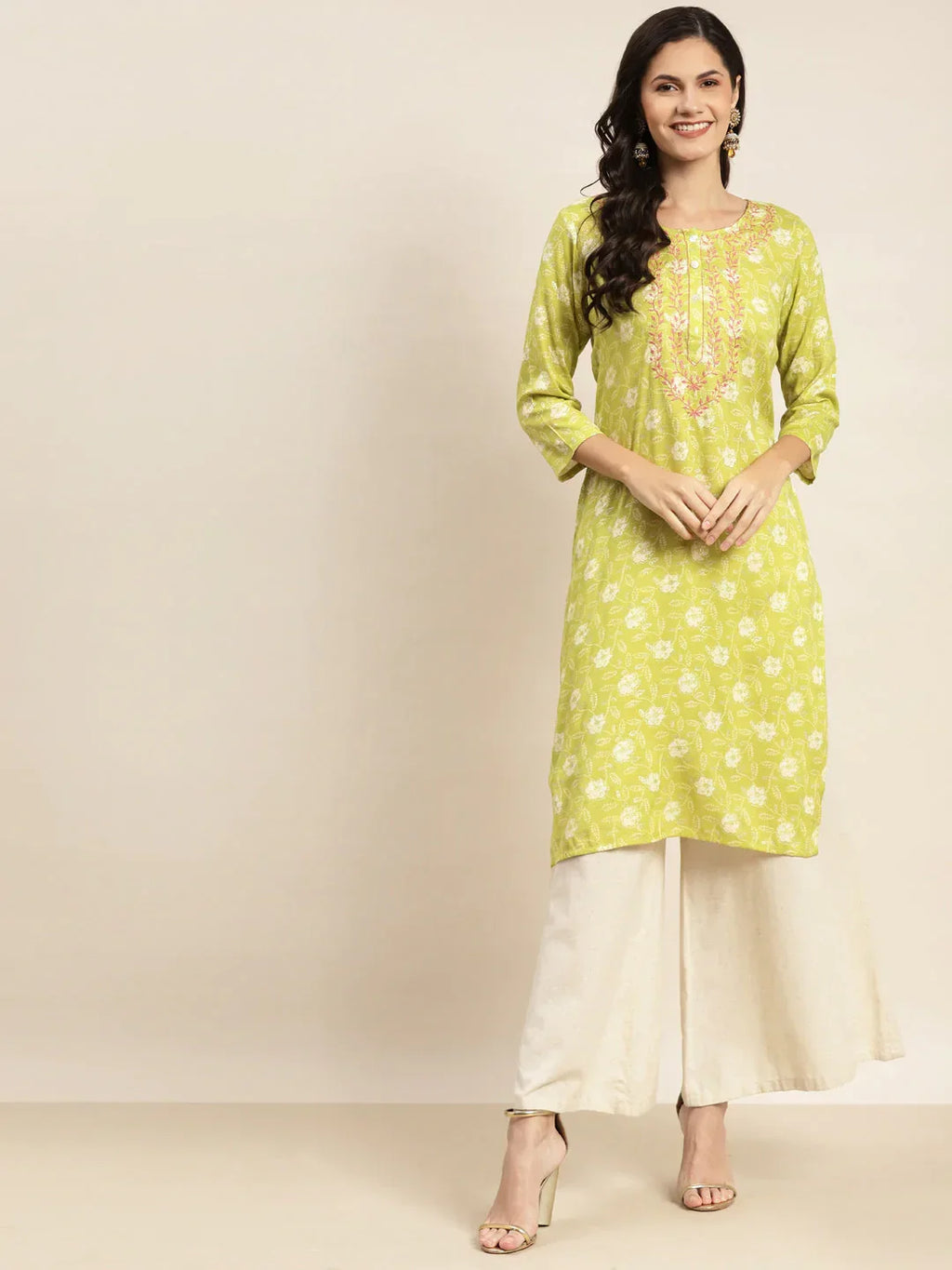 Jompers Women's Floral Printed Embroidered Detail Kurta - Green | Grocsy