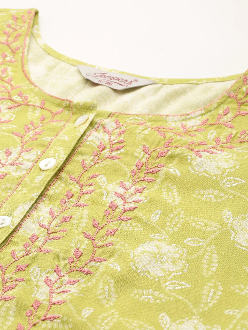 Jompers Women's Floral Printed Embroidered Detail Kurta - Green | Grocsy