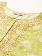 Jompers Women's Floral Printed Embroidered Detail Kurta - Green | Grocsy