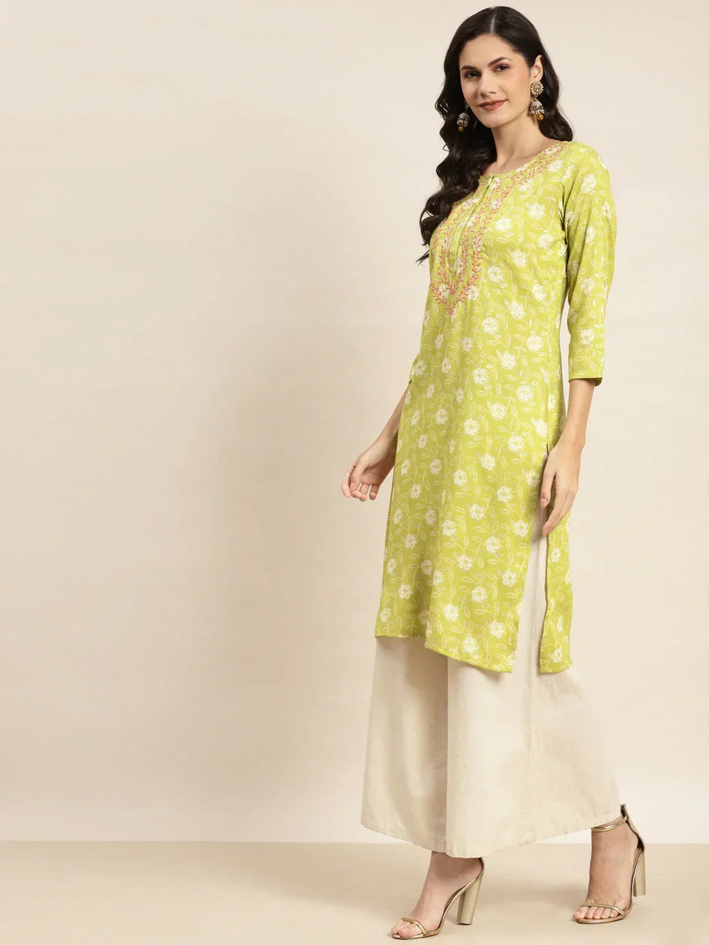 Jompers Women's Floral Printed Embroidered Detail Kurta - Green | Grocsy