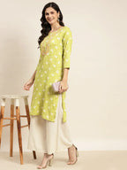 Jompers Women's Floral Printed Embroidered Detail Kurta - Green | Grocsy