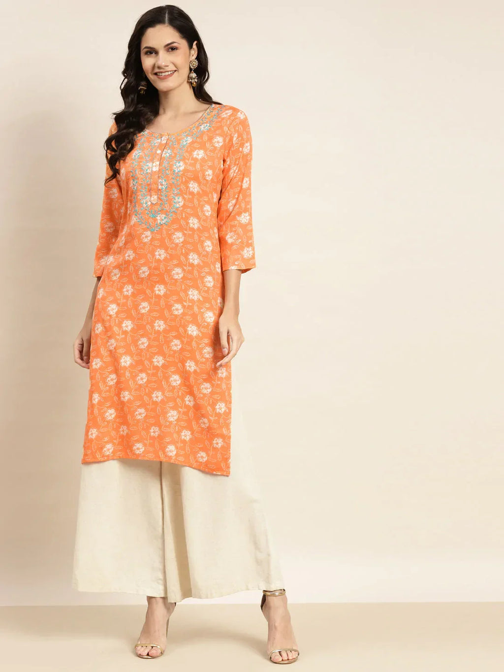 Jompers Women's Floral Printed Embroidered Detail Kurta - Orange | Grocsy