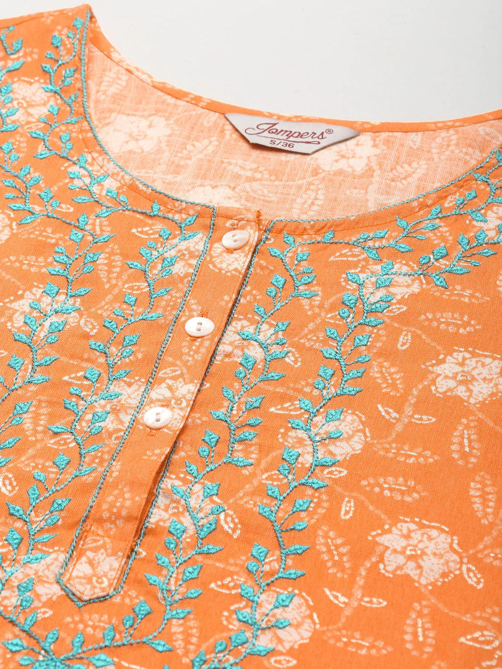 Jompers Women's Floral Printed Embroidered Detail Kurta - Orange | Grocsy