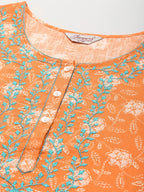 Jompers Women's Floral Printed Embroidered Detail Kurta - Orange | Grocsy
