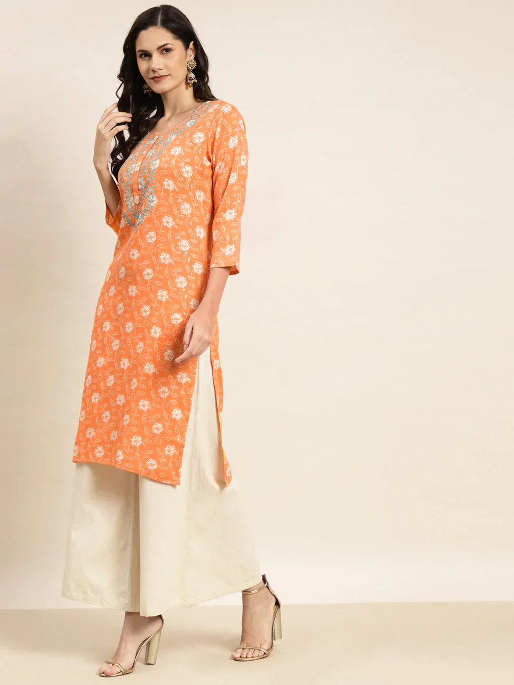 Jompers Women's Floral Printed Embroidered Detail Kurta - Orange | Grocsy