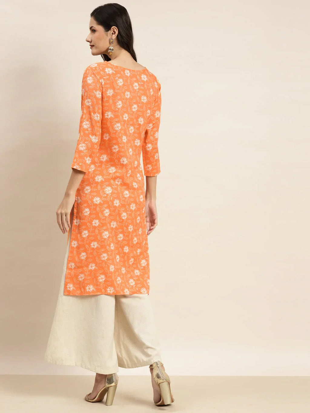 Jompers Women's Floral Printed Embroidered Detail Kurta - Orange | Grocsy
