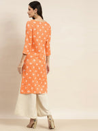 Jompers Women's Floral Printed Embroidered Detail Kurta - Orange | Grocsy
