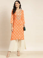 Jompers Women's Floral Printed Embroidered Detail Kurta - Orange | Grocsy