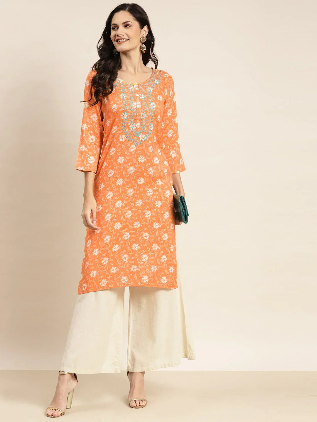 Jompers Women's Floral Printed Embroidered Detail Kurta - Orange | Grocsy