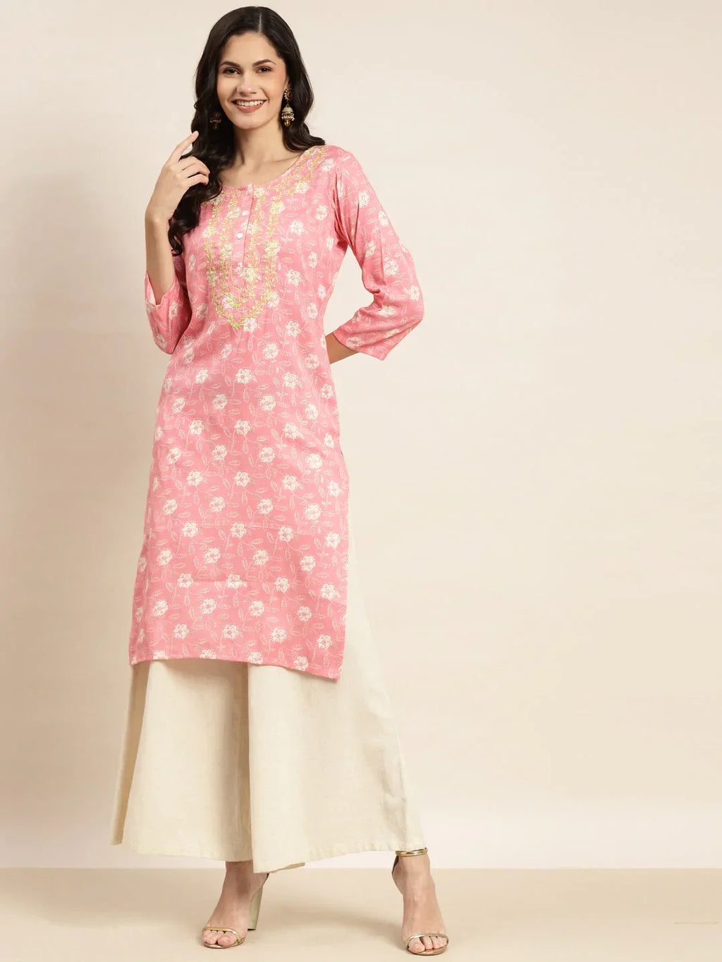 Jompers Women's Floral Printed Embroidered Detail Kurta - Pink | Grocsy