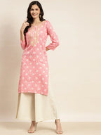 Jompers Women's Floral Printed Embroidered Detail Kurta - Pink | Grocsy