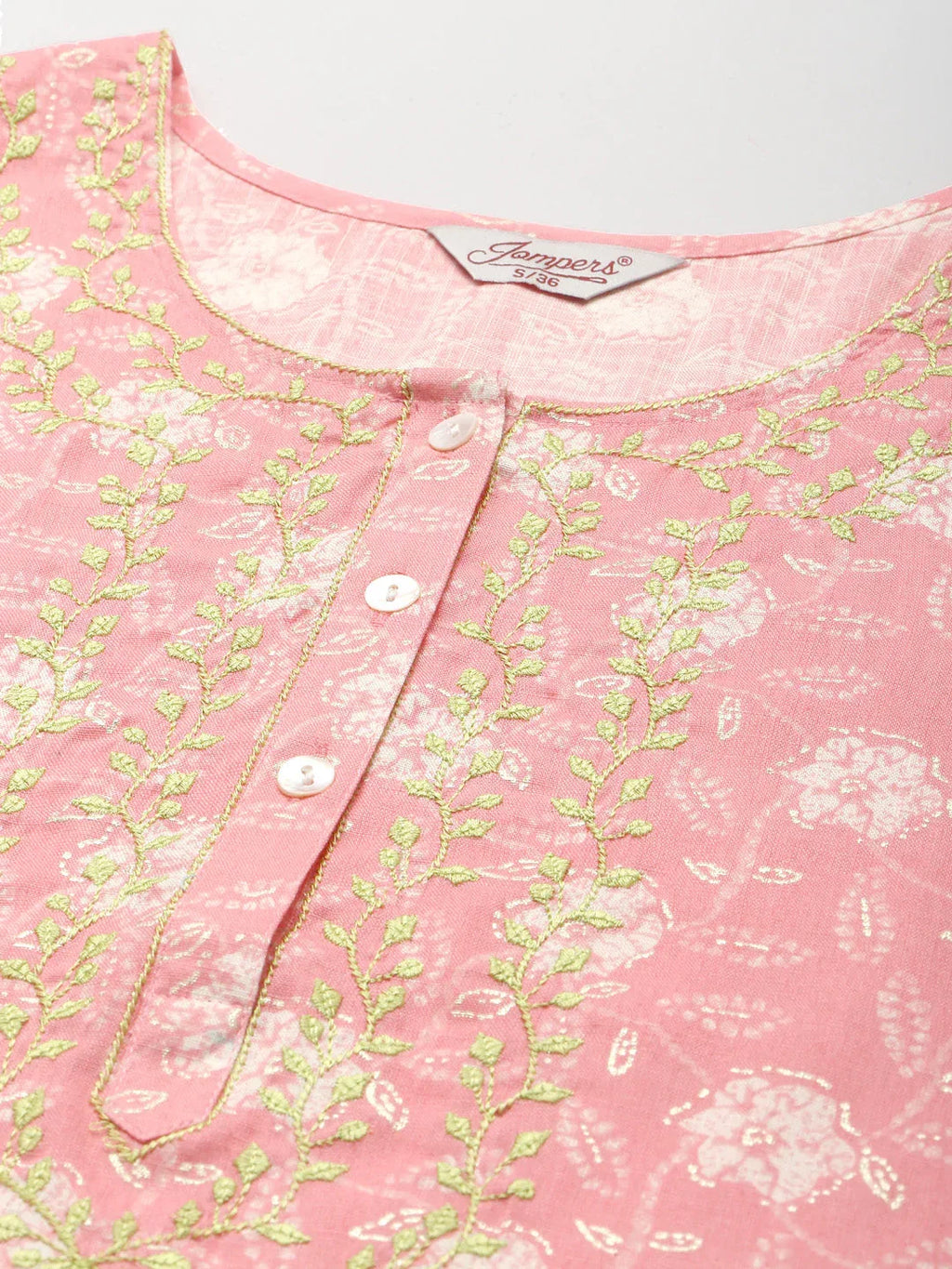 Jompers Women's Floral Printed Embroidered Detail Kurta - Pink | Grocsy