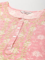 Jompers Women's Floral Printed Embroidered Detail Kurta - Pink | Grocsy