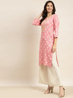 Jompers Women's Floral Printed Embroidered Detail Kurta - Pink | Grocsy