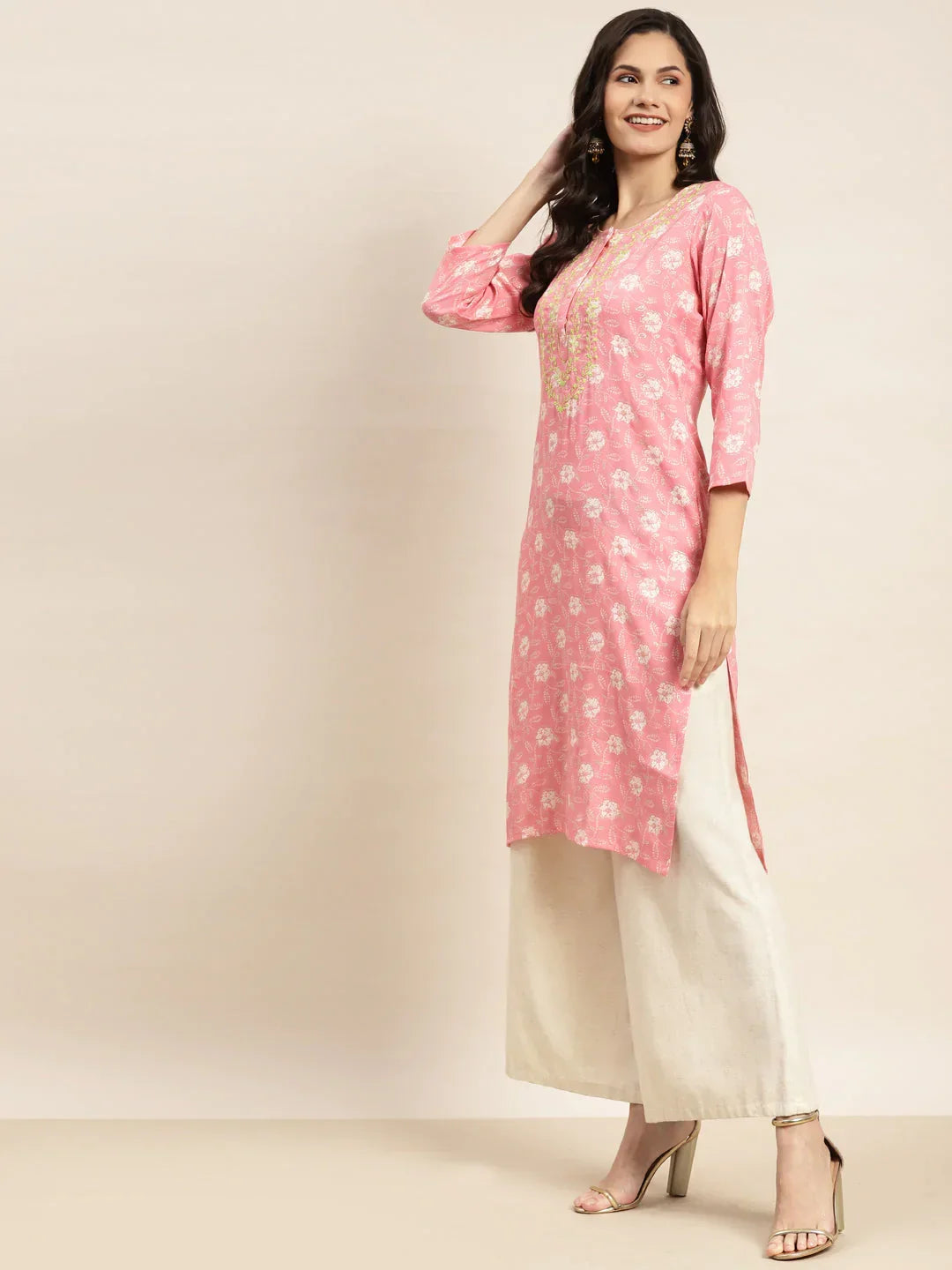 Jompers Women's Floral Printed Embroidered Detail Kurta - Pink | Grocsy