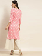 Jompers Women's Floral Printed Embroidered Detail Kurta - Pink | Grocsy