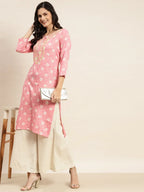 Jompers Women's Floral Printed Embroidered Detail Kurta - Pink | Grocsy