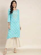 Jompers Women's Floral Printed Embroidered Detail Kurta - Sky Blue | Grocsy