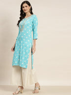 Jompers Women's Floral Printed Embroidered Detail Kurta - Sky Blue | Grocsy