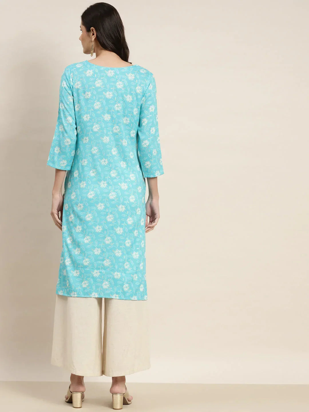 Jompers Women's Floral Printed Embroidered Detail Kurta - Sky Blue | Grocsy