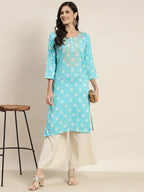 Jompers Women's Floral Printed Embroidered Detail Kurta - Sky Blue | Grocsy