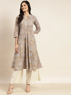 Jompers Women's Floral Printed Anarkali Cotton Kurta - Brown | Grocsy