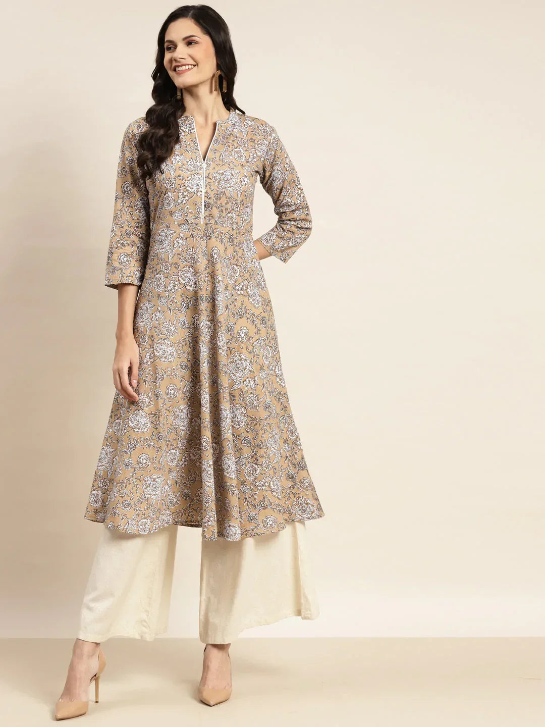 Jompers Women's Floral Printed Anarkali Cotton Kurta - Brown | Grocsy