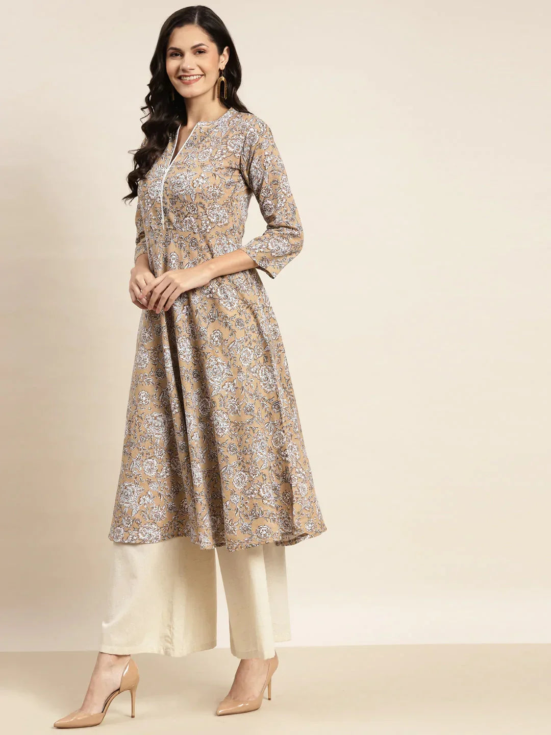 Jompers Women's Floral Printed Anarkali Cotton Kurta - Brown | Grocsy