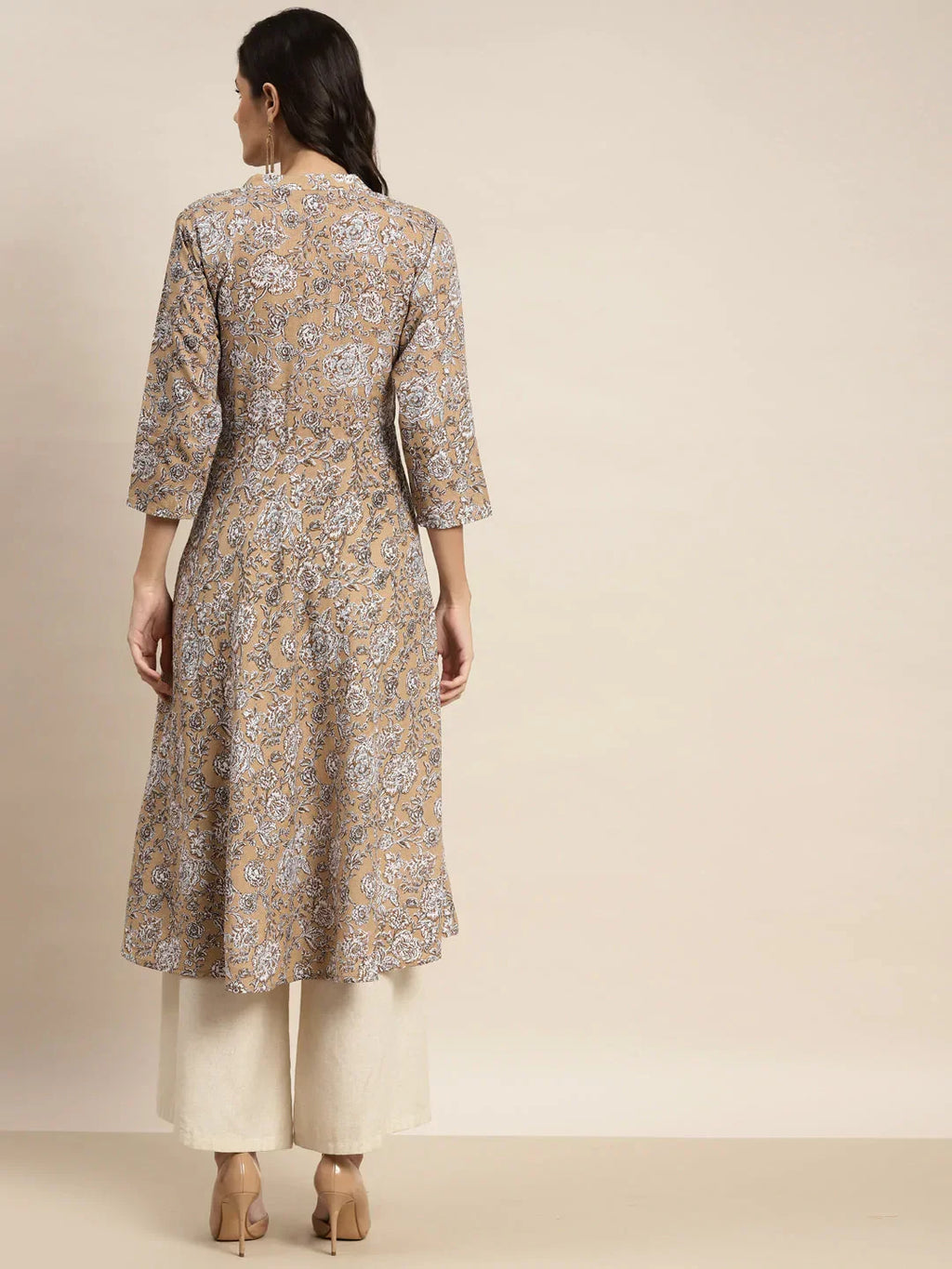 Jompers Women's Floral Printed Anarkali Cotton Kurta - Brown | Grocsy