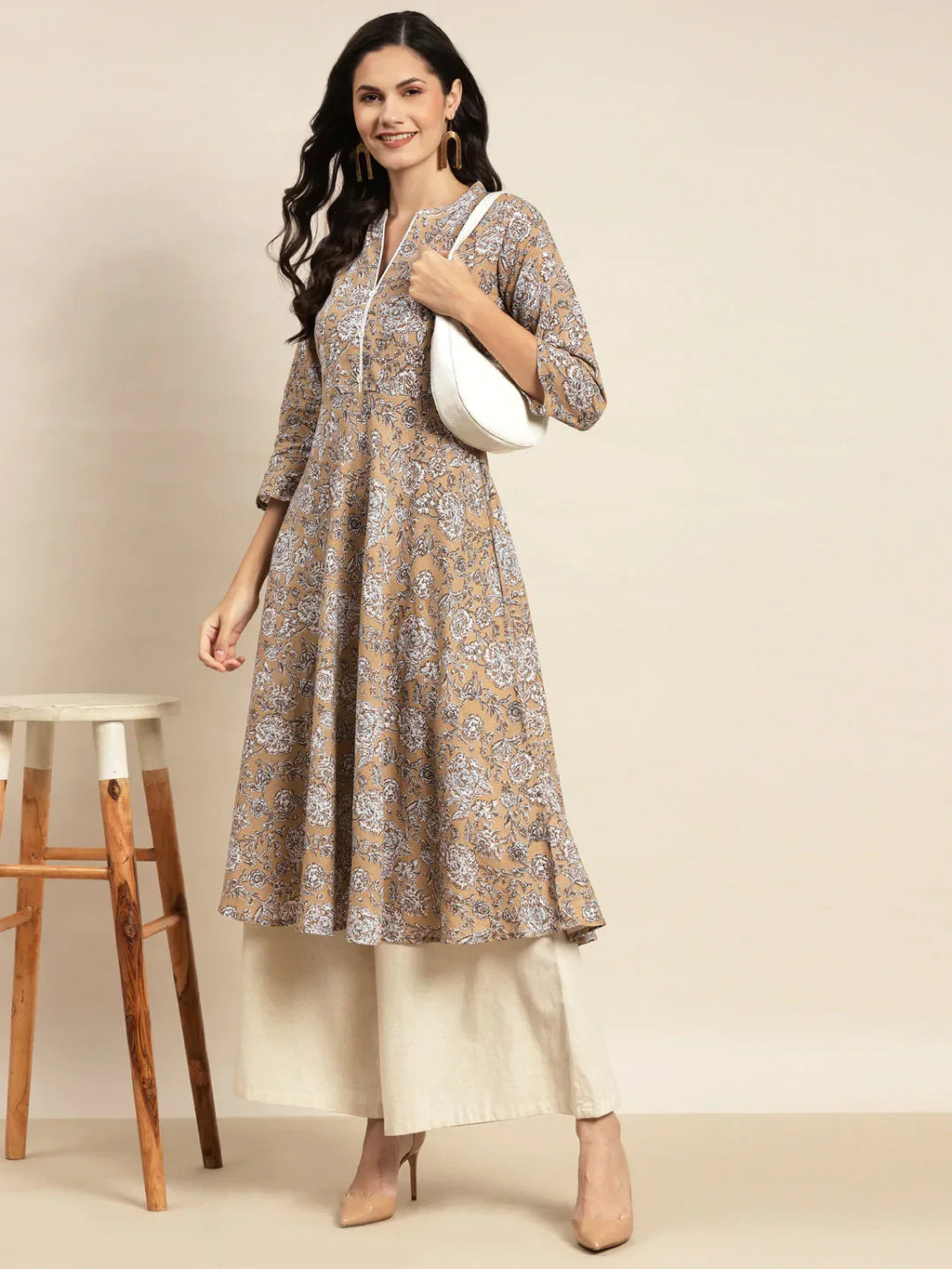 Jompers Women's Floral Printed Anarkali Cotton Kurta - Brown | Grocsy