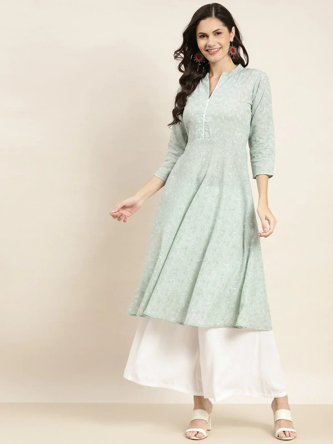 Jompers Women's Floral Printed Anarkali Cotton Kurta - Green | Grocsy
