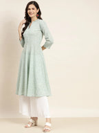Jompers Women's Floral Printed Anarkali Cotton Kurta - Green | Grocsy