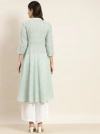Jompers Women's Floral Printed Anarkali Cotton Kurta - Green | Grocsy