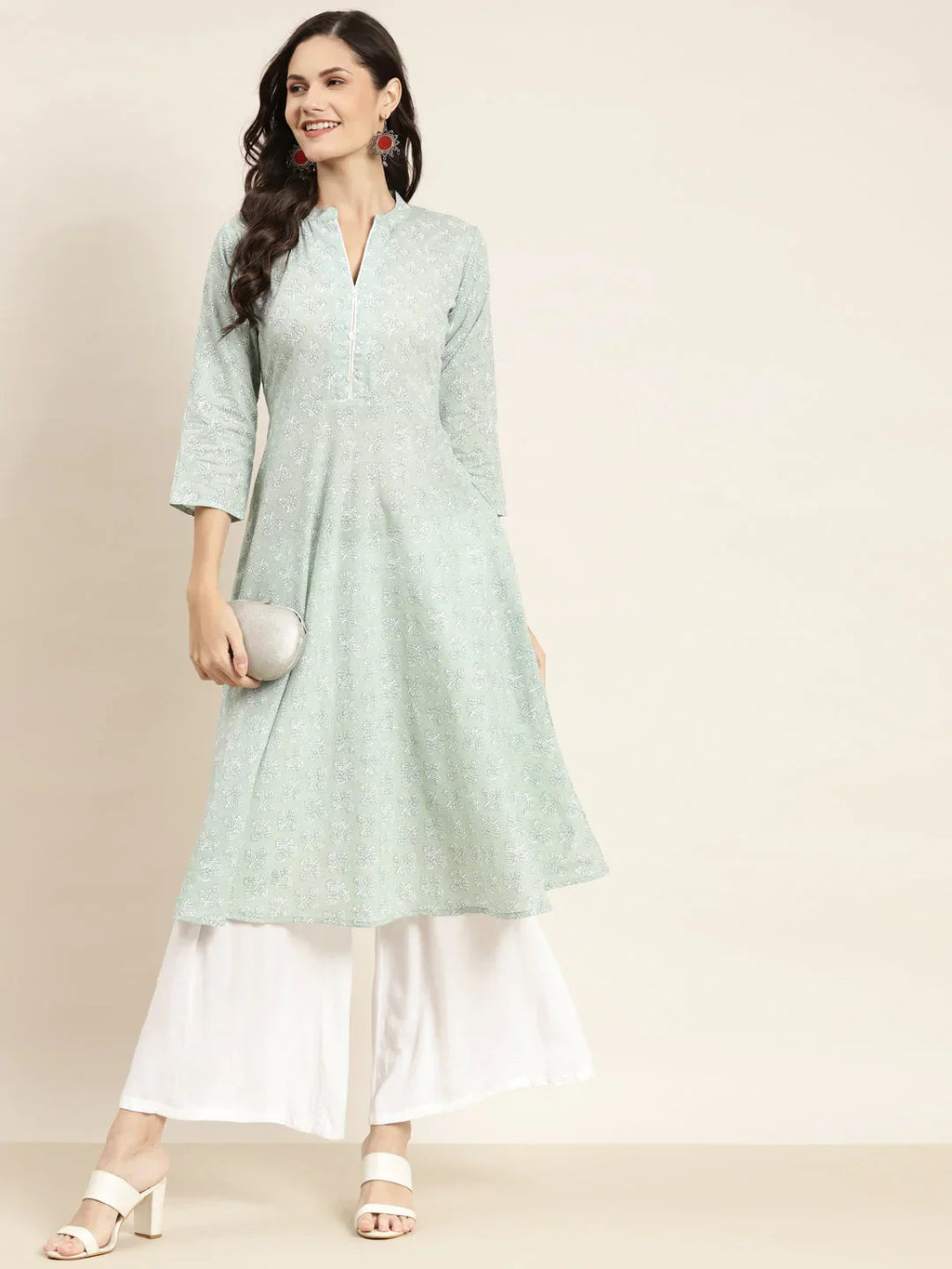 Jompers Women's Floral Printed Anarkali Cotton Kurta - Green | Grocsy