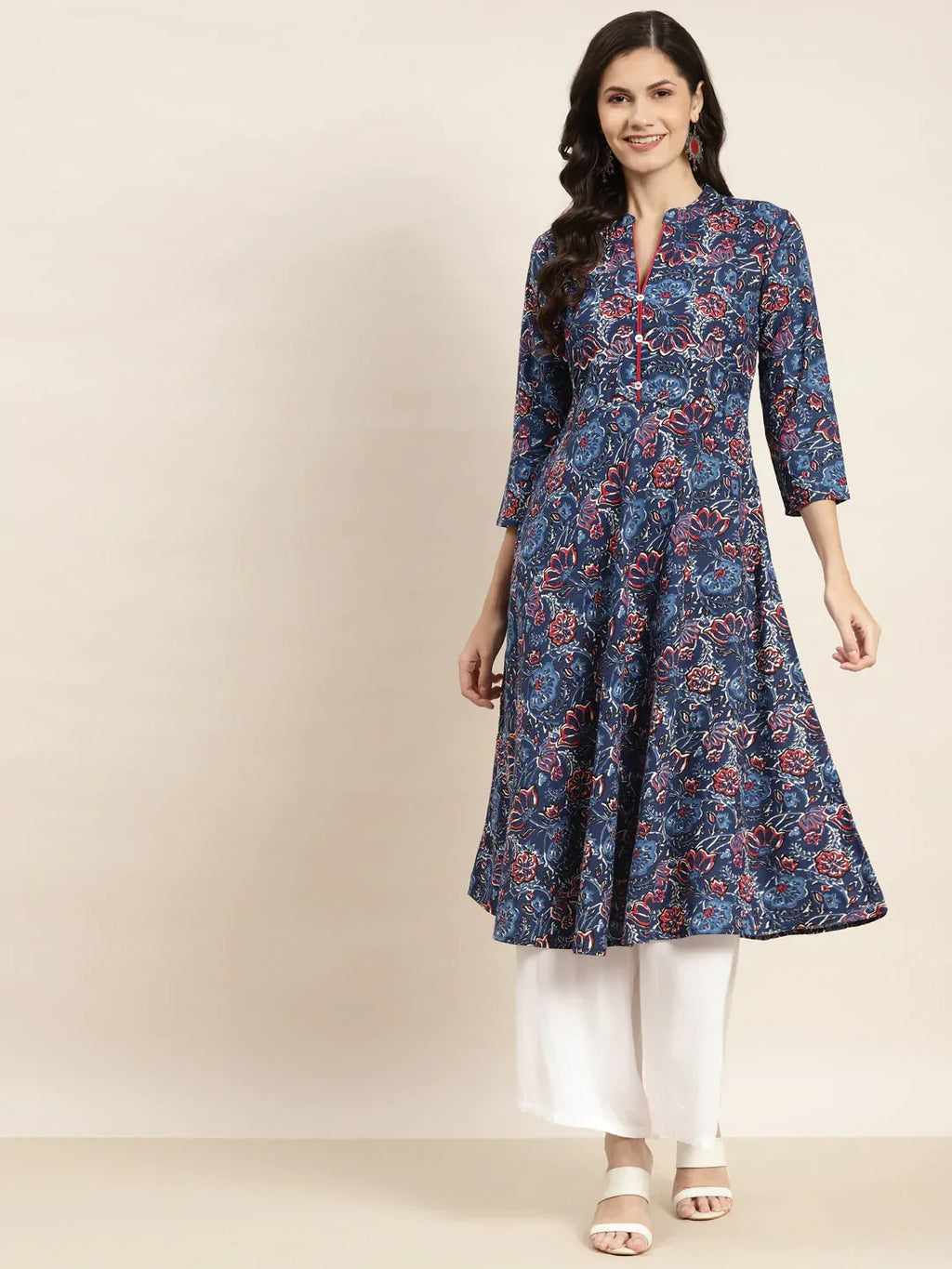 Jompers Women's Floral Printed Anarkali Cotton Kurta - Navy Blue | Grocsy