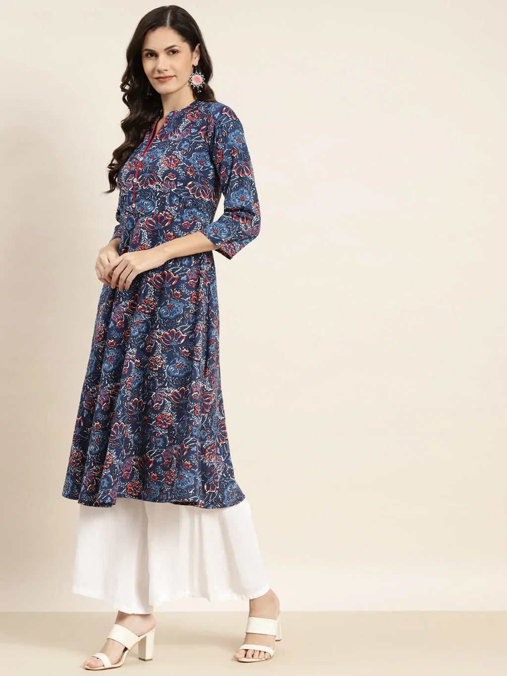 Jompers Women's Floral Printed Anarkali Cotton Kurta - Navy Blue | Grocsy