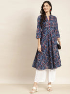 Jompers Women's Floral Printed Anarkali Cotton Kurta - Navy Blue | Grocsy