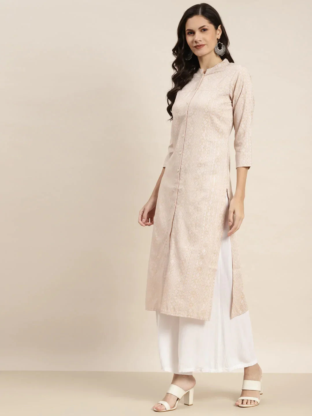 Jompers Women's Ethnic Motifs Printed Lurex Kurta - Brown | Grocsy