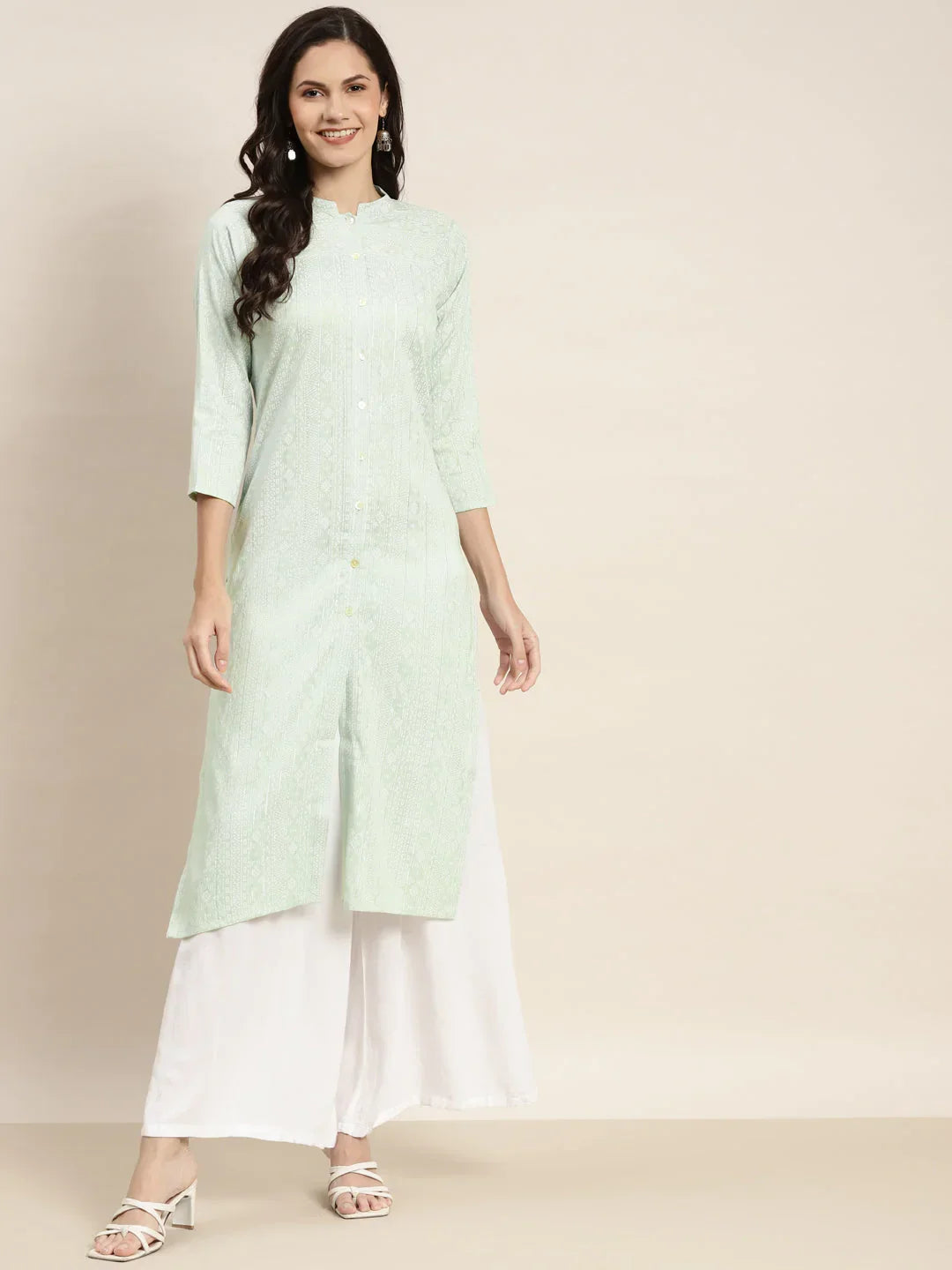 Jompers Women's Ethnic Motifs Printed Lurex Kurta - Green | Grocsy