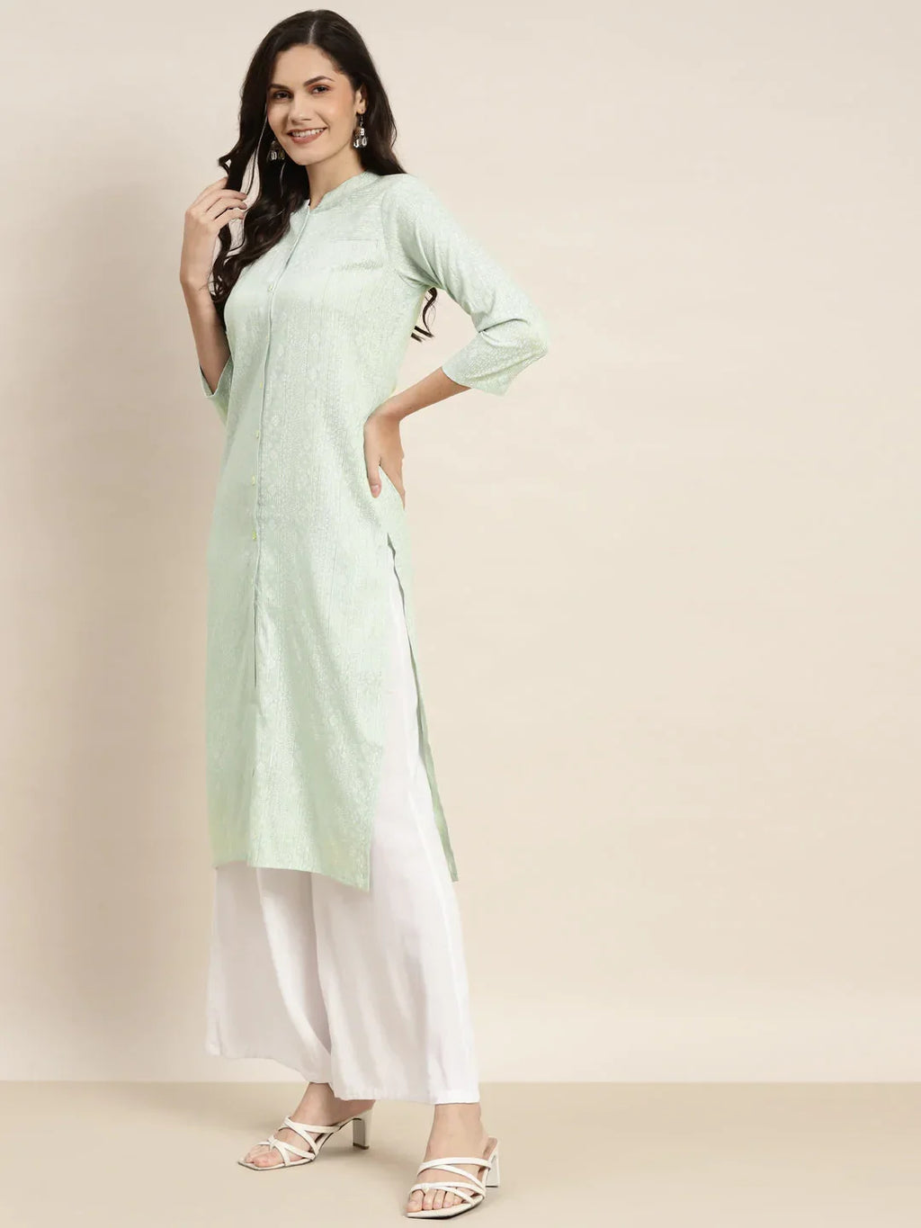 Jompers Women's Ethnic Motifs Printed Lurex Kurta - Green | Grocsy