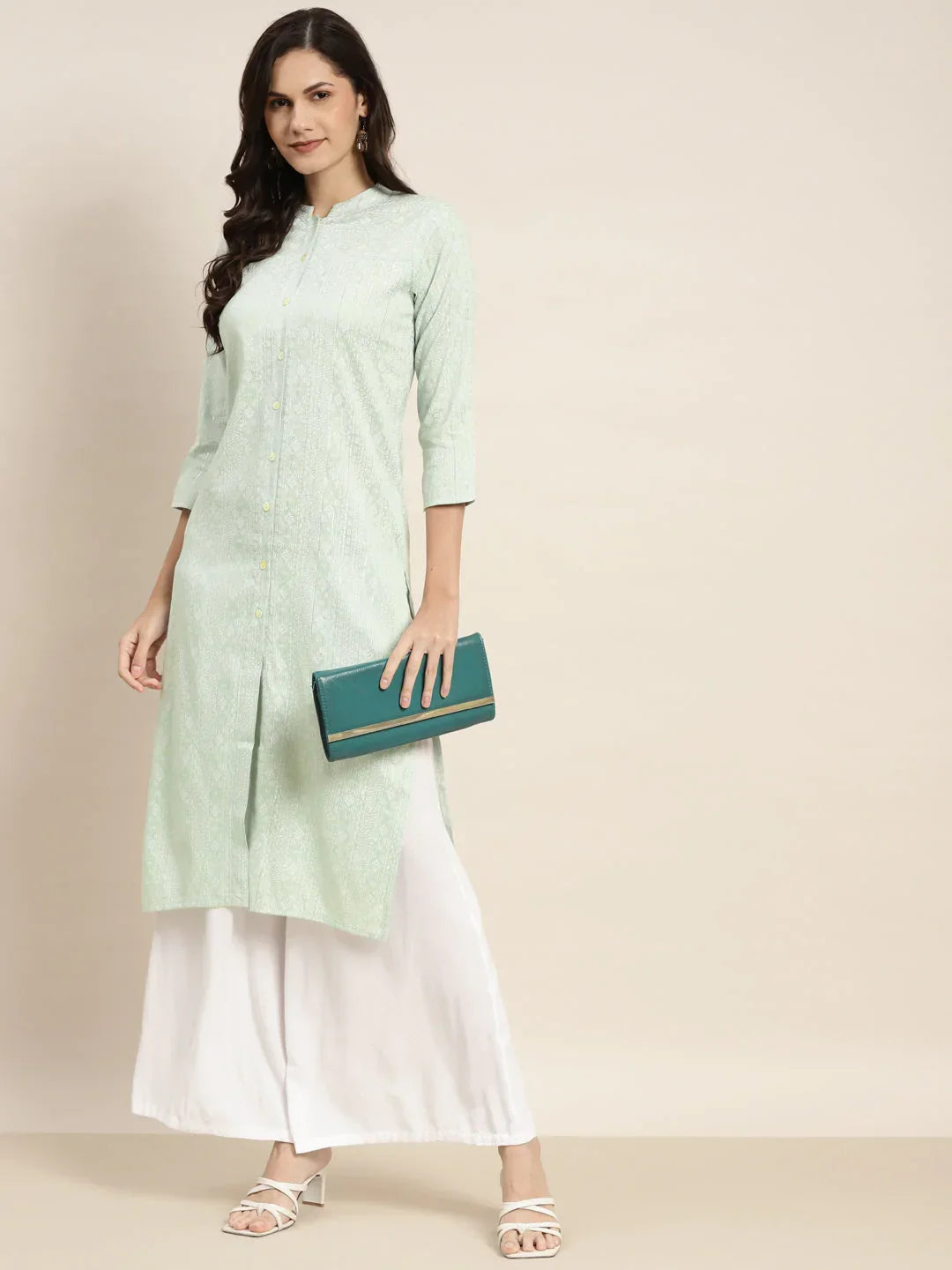 Jompers Women's Ethnic Motifs Printed Lurex Kurta - Green | Grocsy