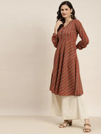 Jompers Women's Printed Anarkali Kurta - Brown | Grocsy