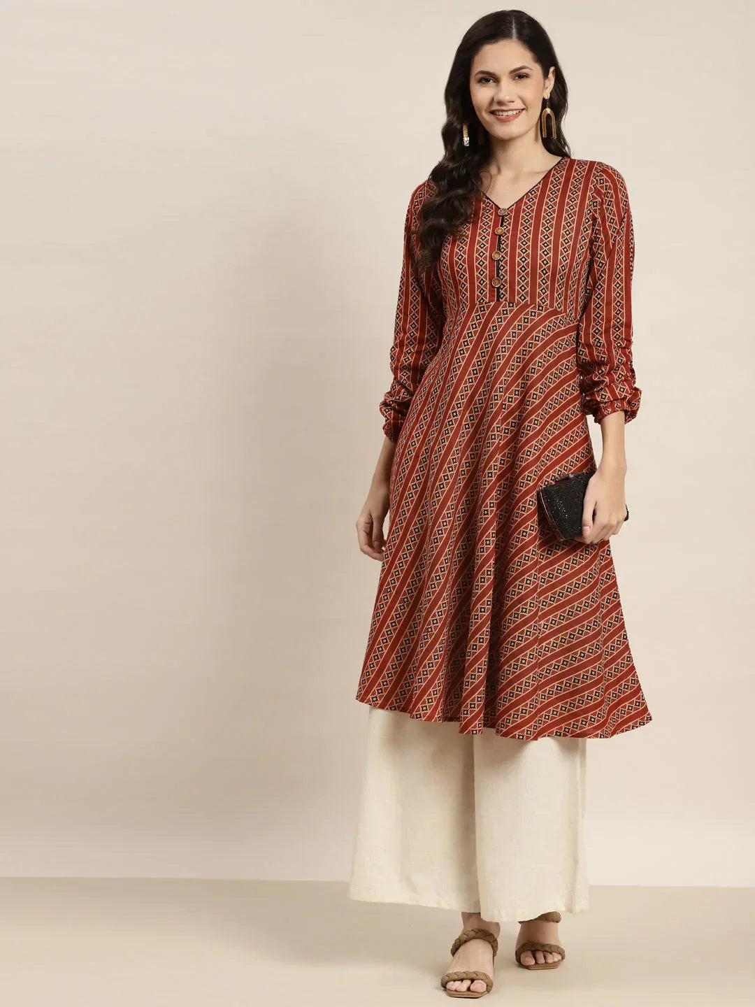 Jompers Women's Printed Anarkali Kurta - Brown | Grocsy