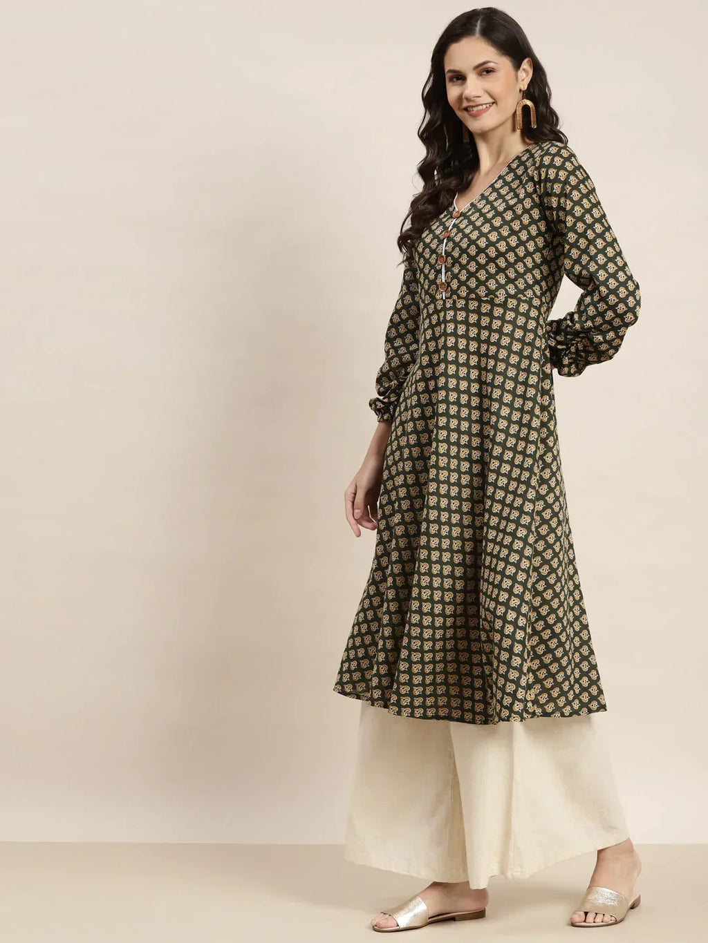 Jompers Women's Printed Anarkali Kurta - Green | Grocsy