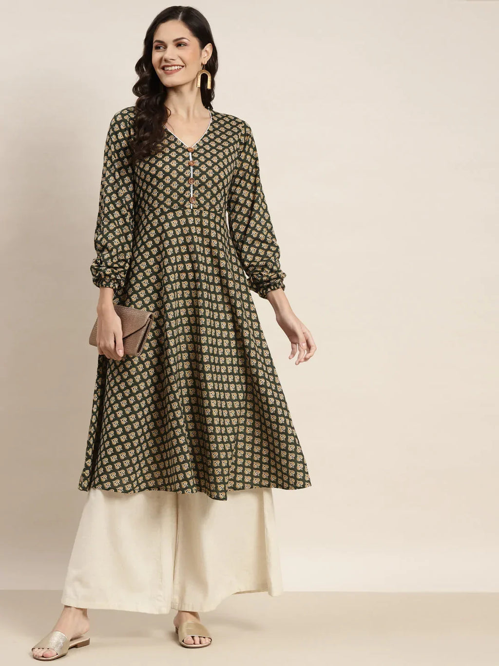 Jompers Women's Printed Anarkali Kurta - Green | Grocsy